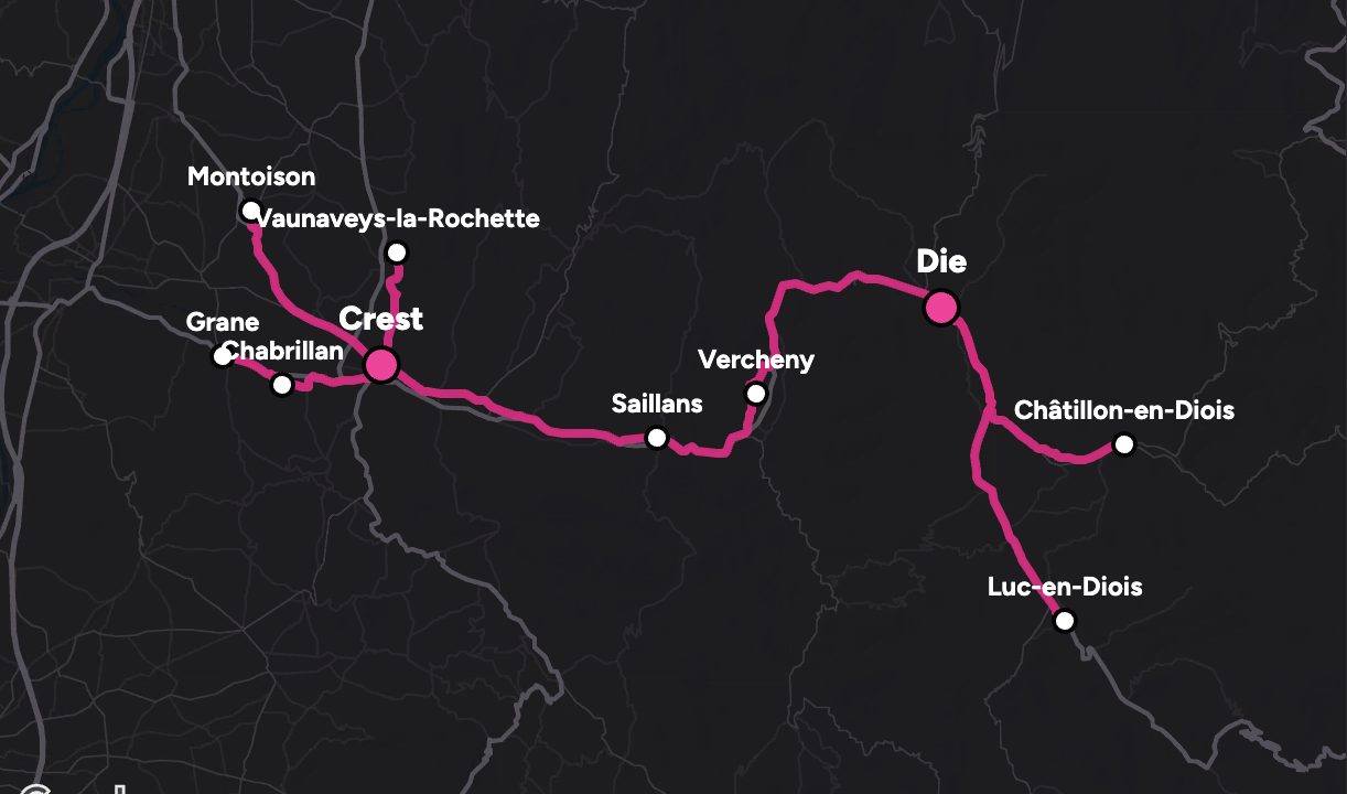 Carte de la vallée de la Drôme : nos communes de stationnement de Grane et Montoison jusqu'à Die, Châtillon-en-Diois et Luc-en-Diois